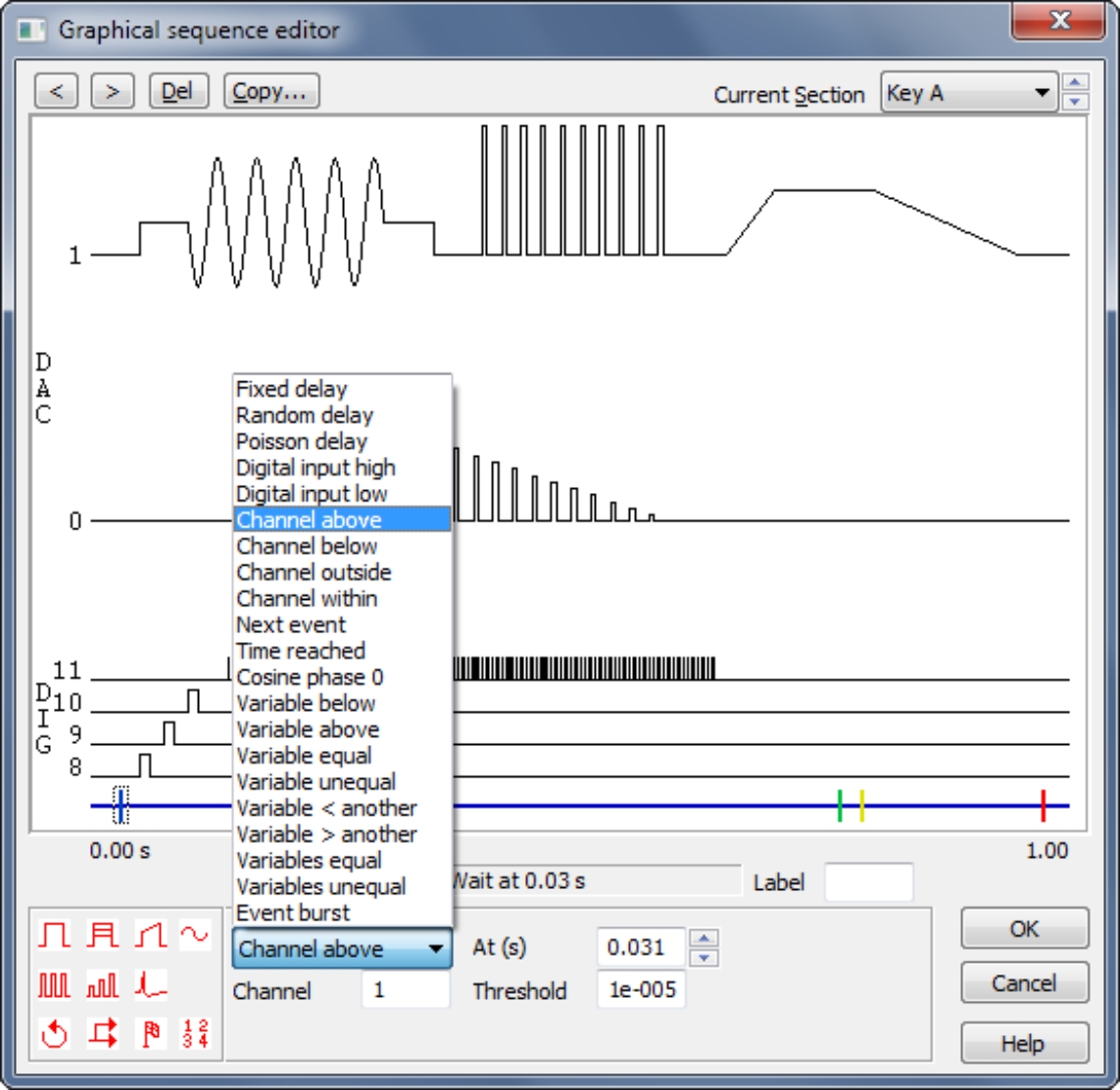 Spike2 graphical sequence editor showing different outputs and additional control options