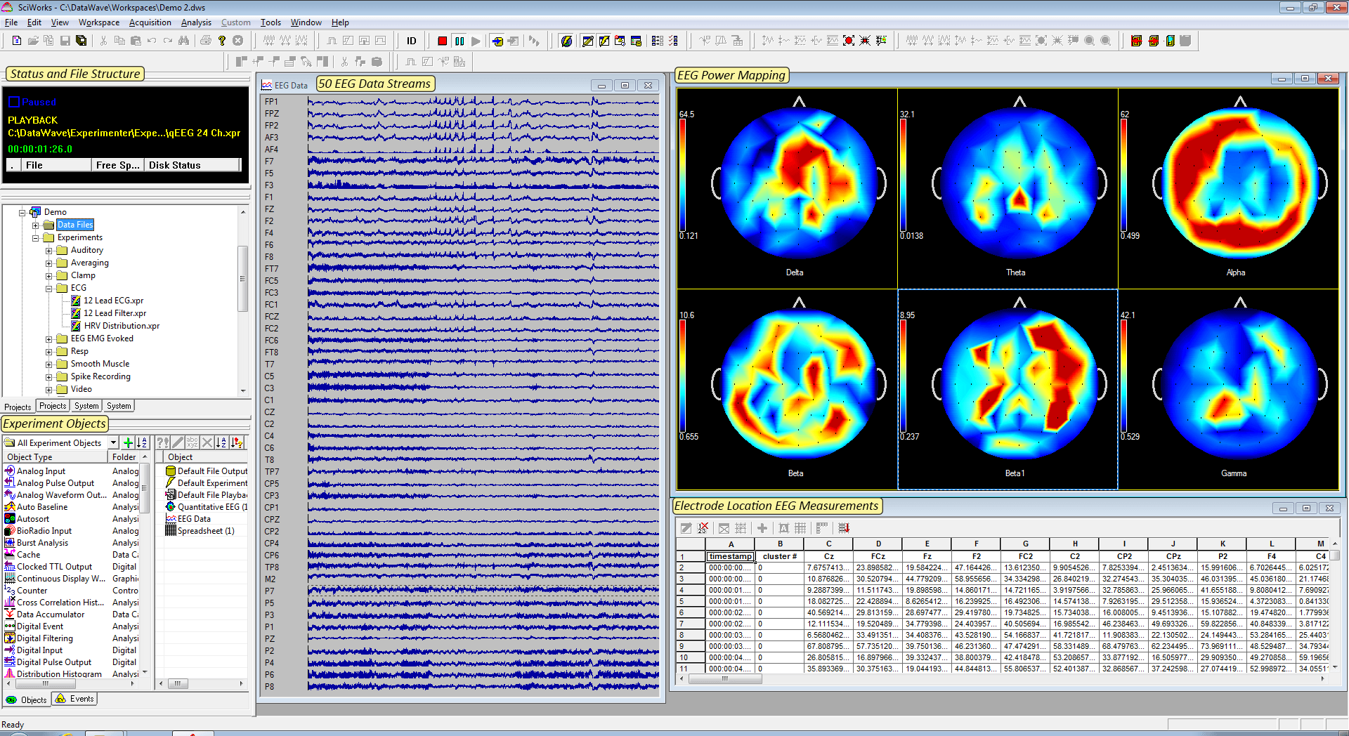 SciWorks EEG recording from 50 electrodes located in a skull cap