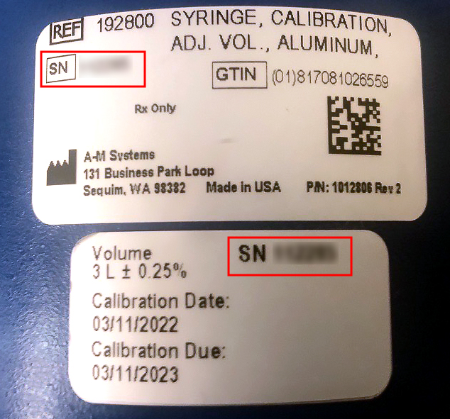 Location of the Serial Number of the 3L Calibration Syringe